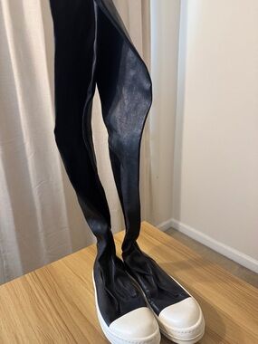 Rick Owens Black Over-The-Knee Leather Sock Boots with White Cap Toe